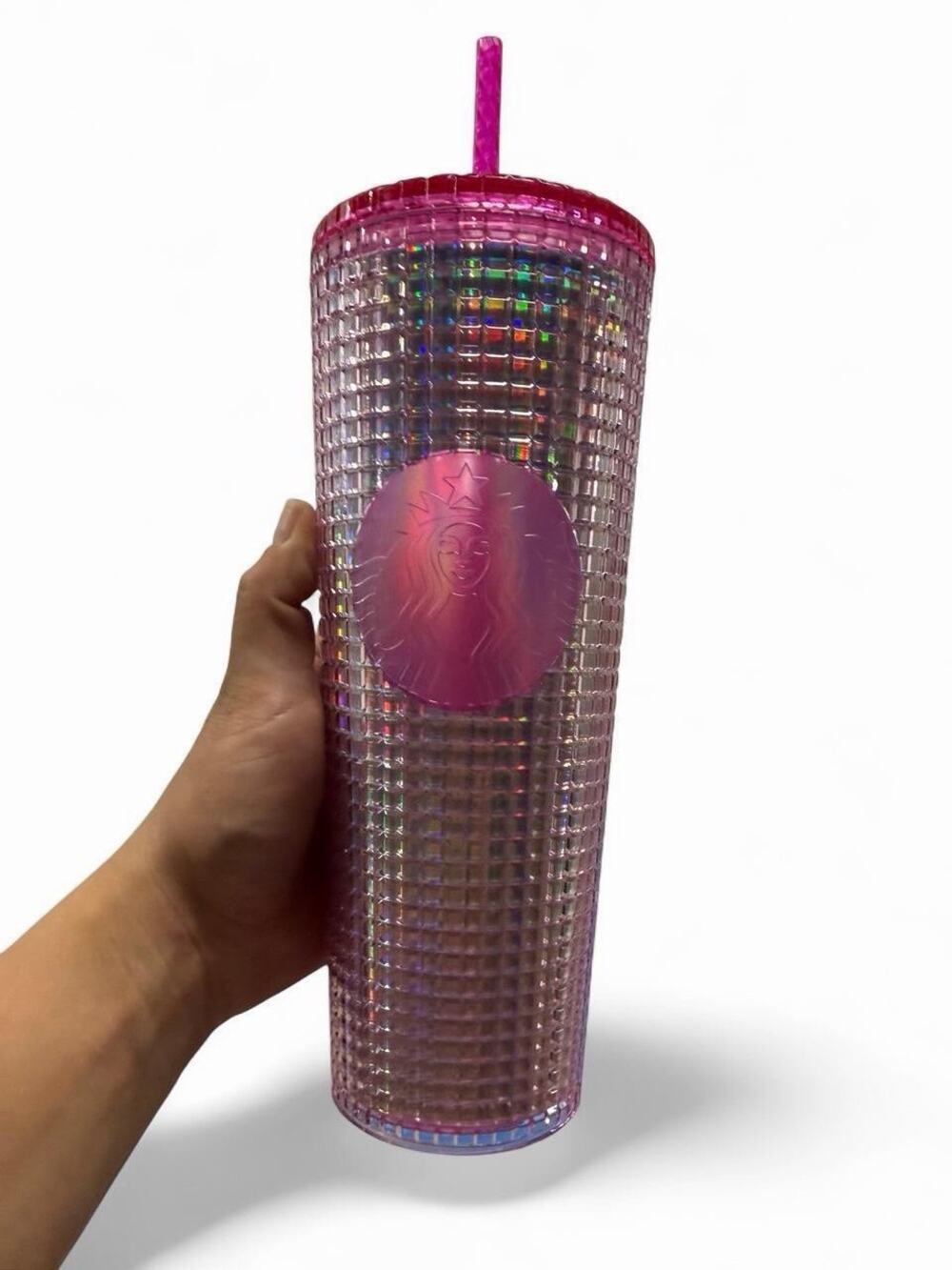 Starbucks 2023 Grid Bubblegum Gradient Pink Silver Iridescent Tumbler Cup 24 oz